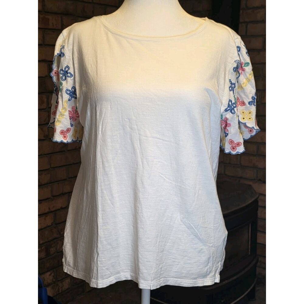 Talbots Women's L Tee Floral Embroidered Petal Sleeve White Stretch Spring Soft